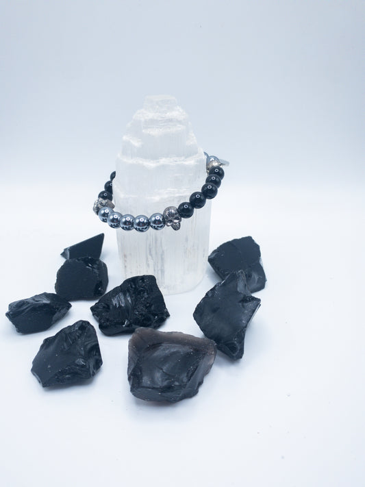 Men's Shungite & Black Onyx Crystal Bracelet with Skull Accents