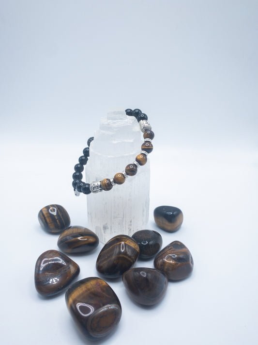 Men's Tigers Eye & Black Onyx Crystal Bracelet with Buddha Head Accents