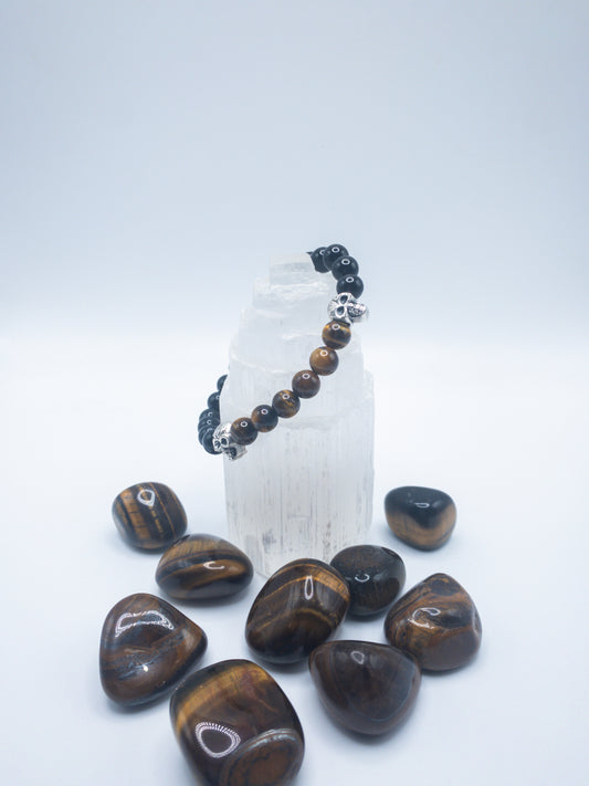 Men's Tigers Eye & Black Onyx Crystal Bracelet with Skull Accents