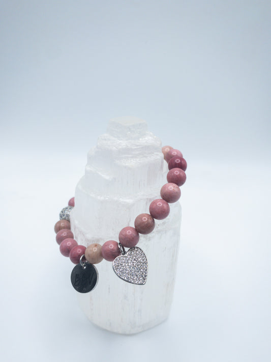 Rose Rhodonite Crystal Heart Bracelet- 8 mm