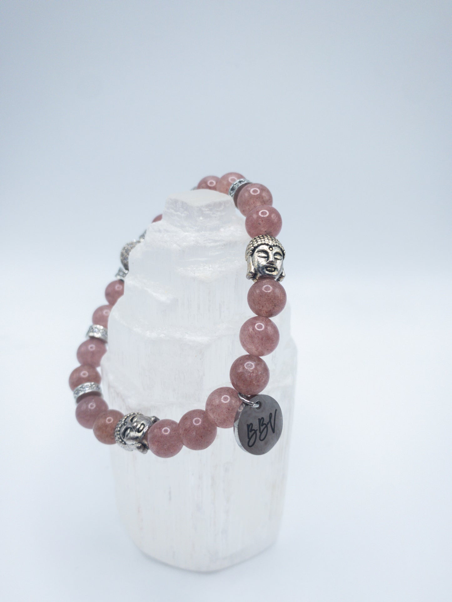 Buddha Head Accent Strawberry Quartz Crystal Bracelet