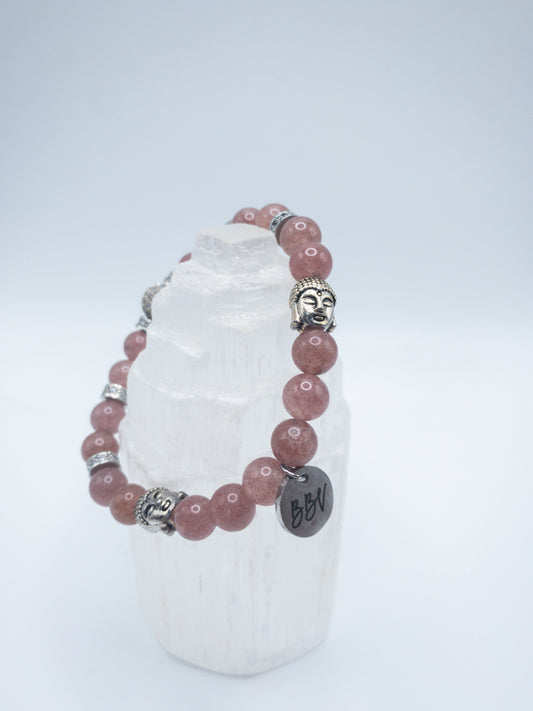 Buddha Head Accent Strawberry Quartz Crystal Bracelet