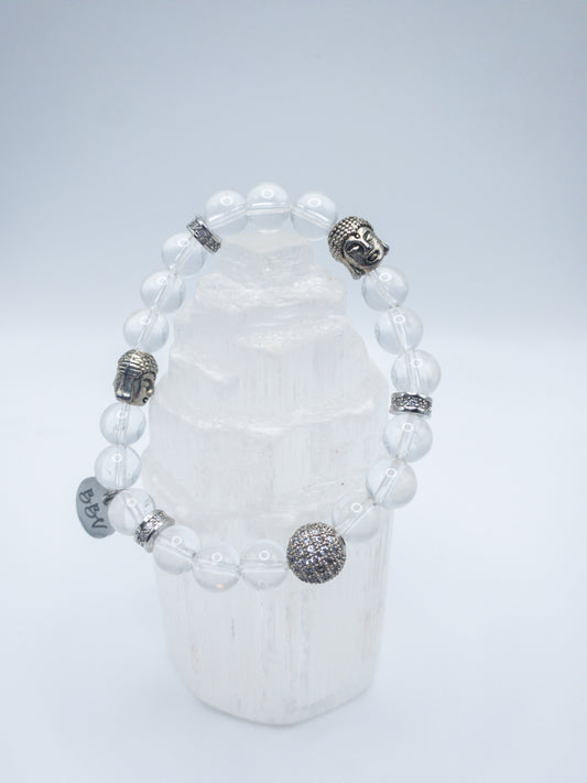 Clear Quartz Crystal Bracelet with Buddha Head Accents