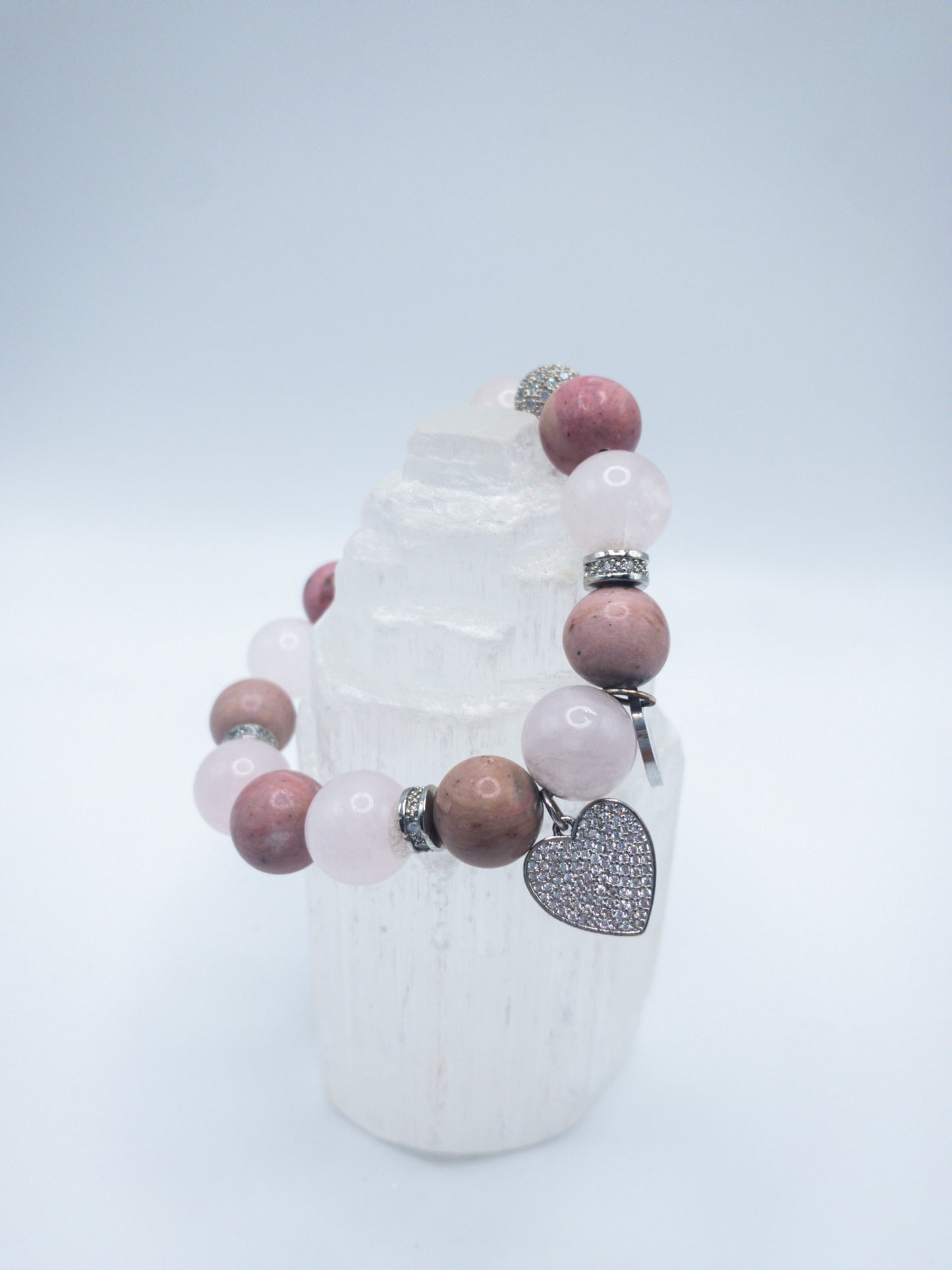 Rose Rhodonite & Rose Quartz Heart Crystal Heart Bracelet