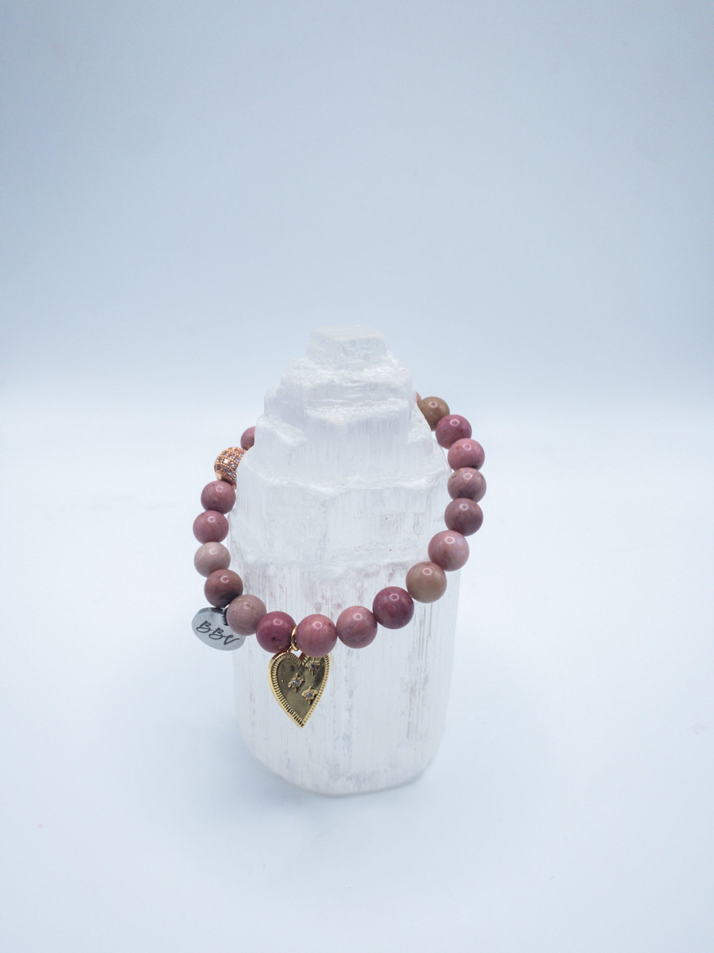 Rose Rhodonite Crystal Heart Bracelet- 8 mm