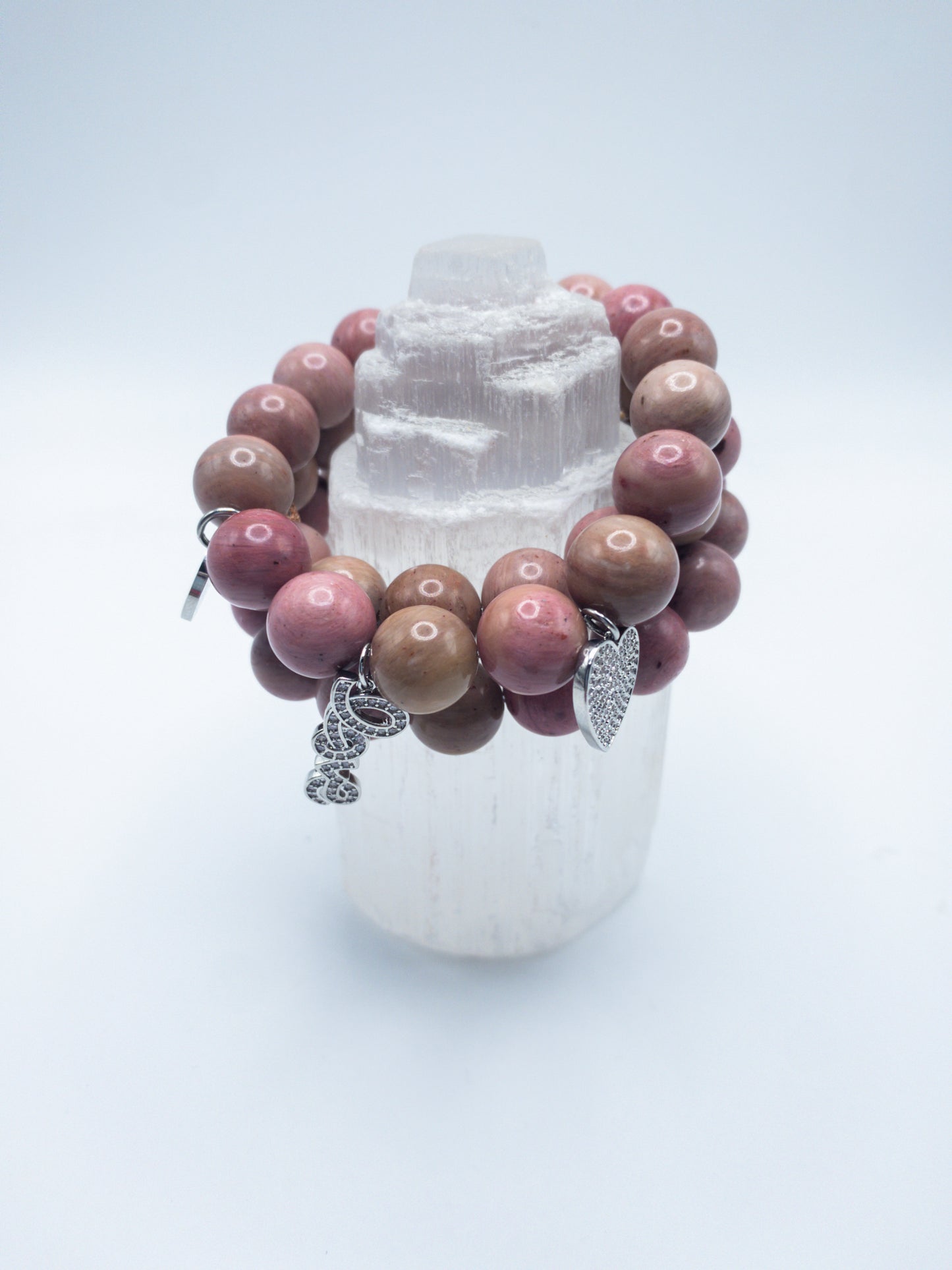 Rose Rhodonite Silver Crystal Bracelet Set