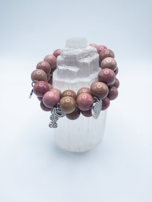 Rose Rhodonite Silver Crystal Bracelet Set