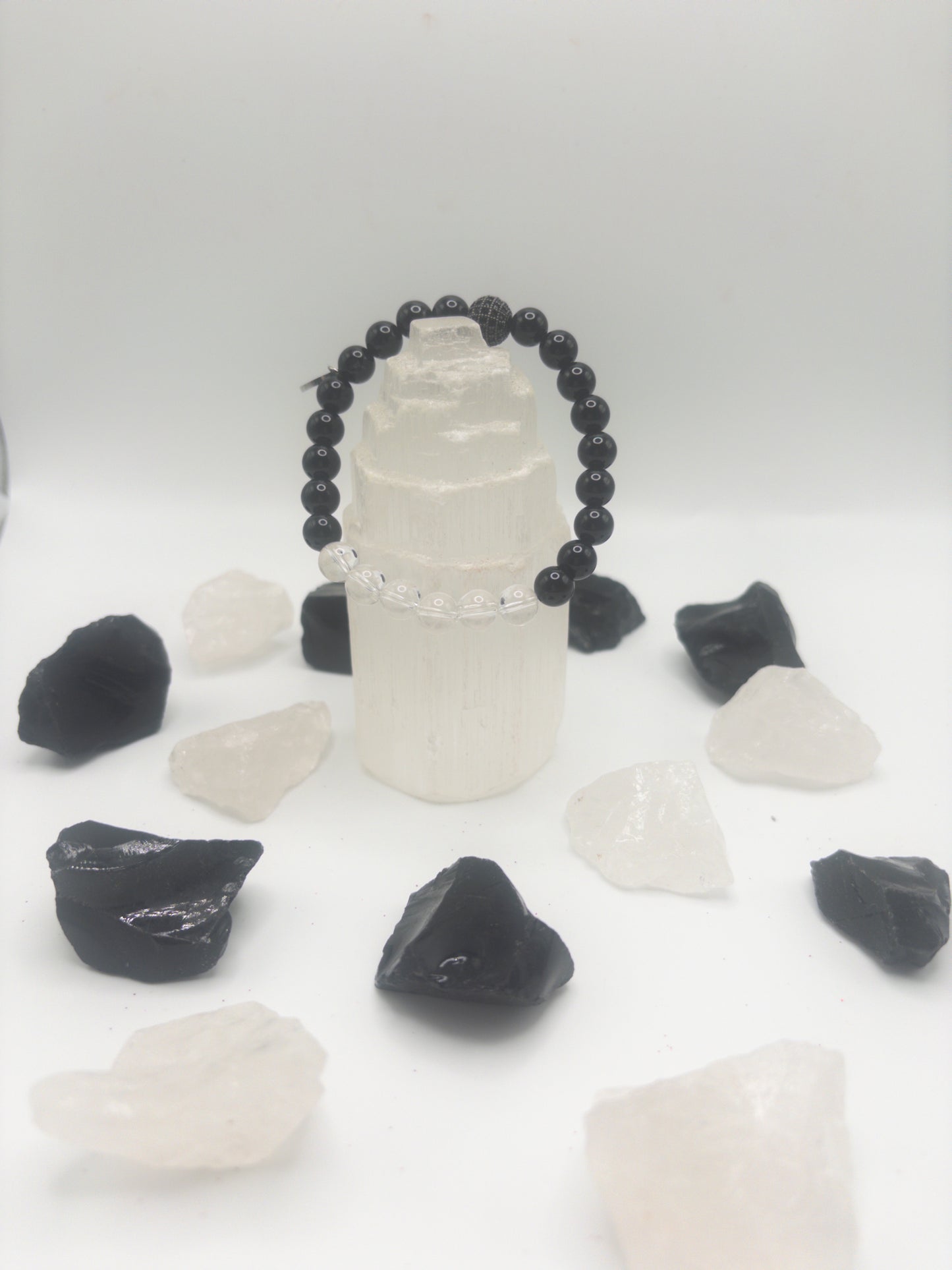 Mens Clear Quartz & Onyx Crystal Bracelet