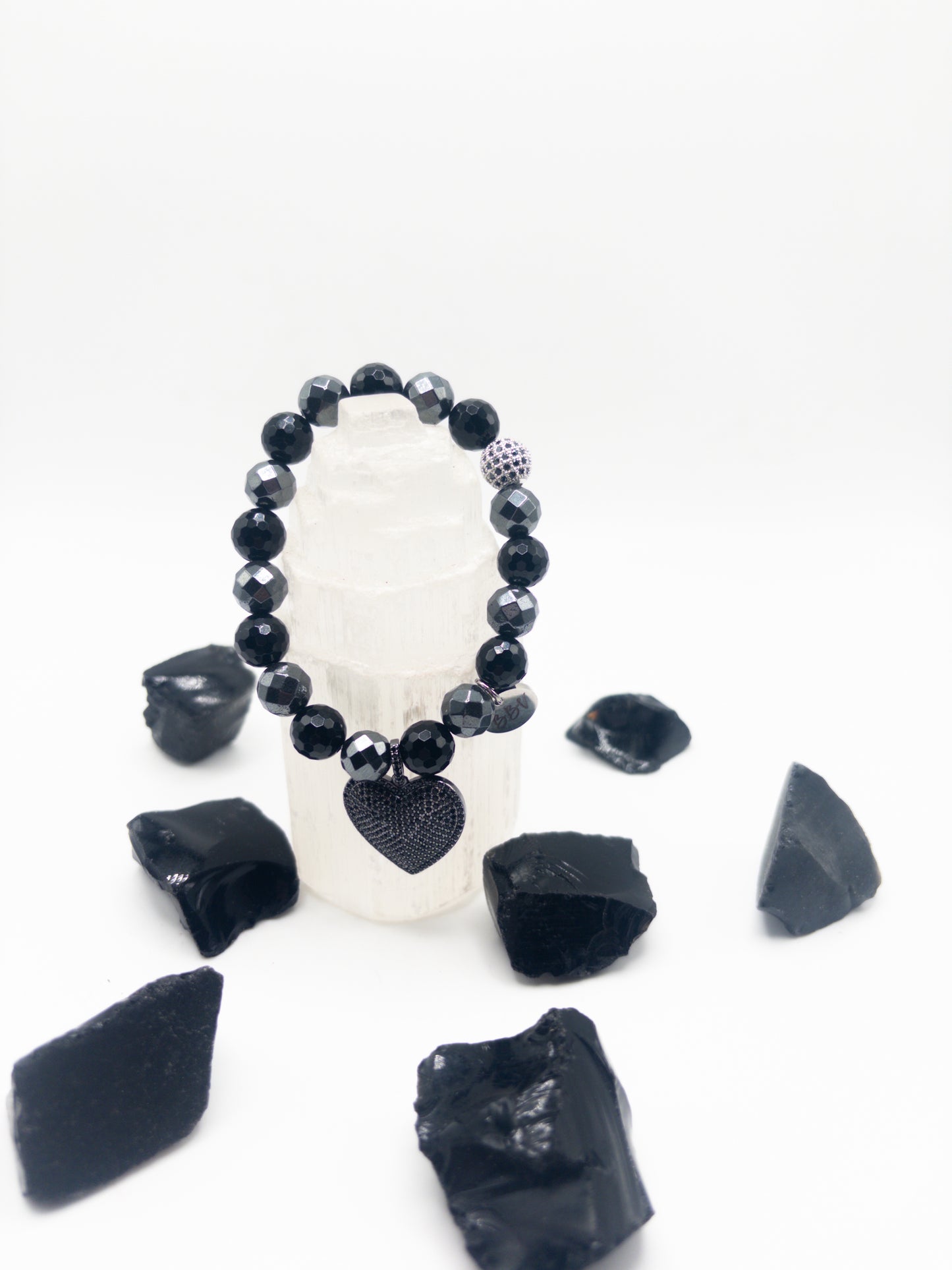 BBV Luxe Faceted Hematite & Black Onyx Crystal Bracelet With Charm