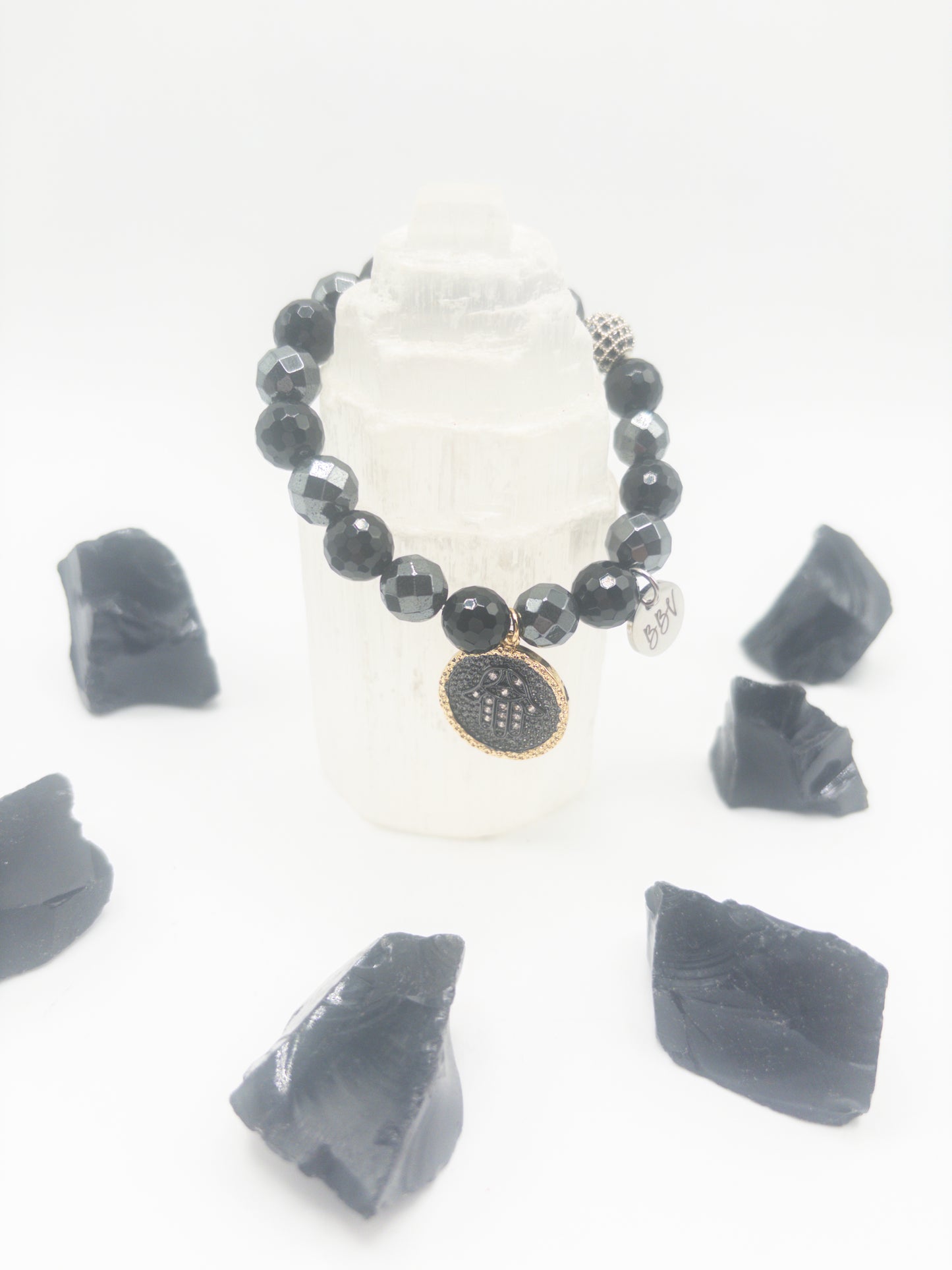 BBV Luxe Faceted Hematite & Black Onyx Crystal Bracelet With Charm