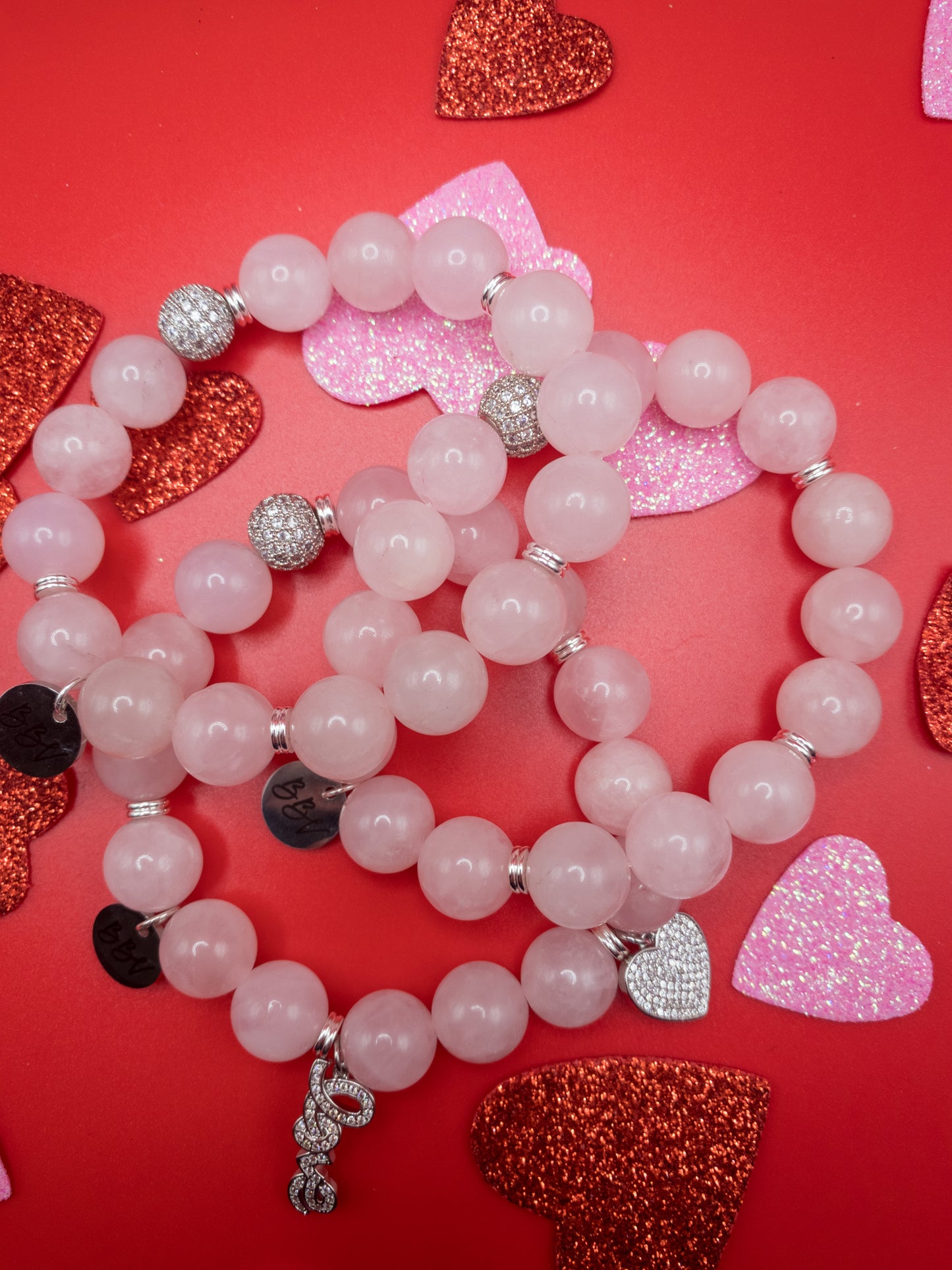 Rose Quartz Silver Crystal Bracelet Set