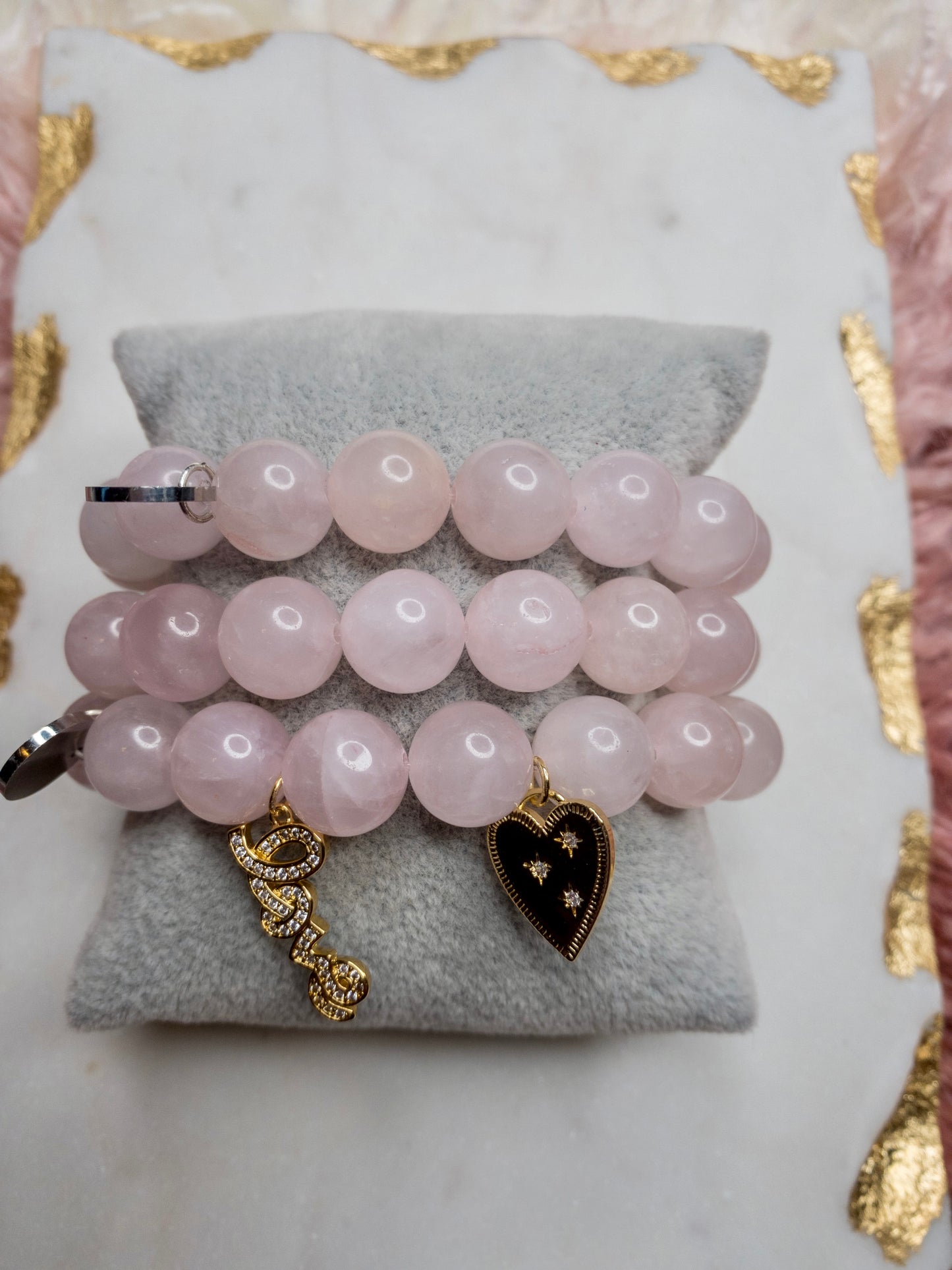 Rose Quartz Gold Crystal Bracelet Set