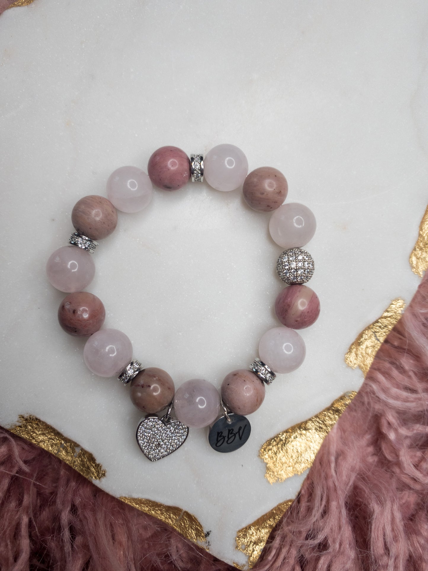 Rose Rhodonite & Rose Quartz Heart Crystal Heart Bracelet
