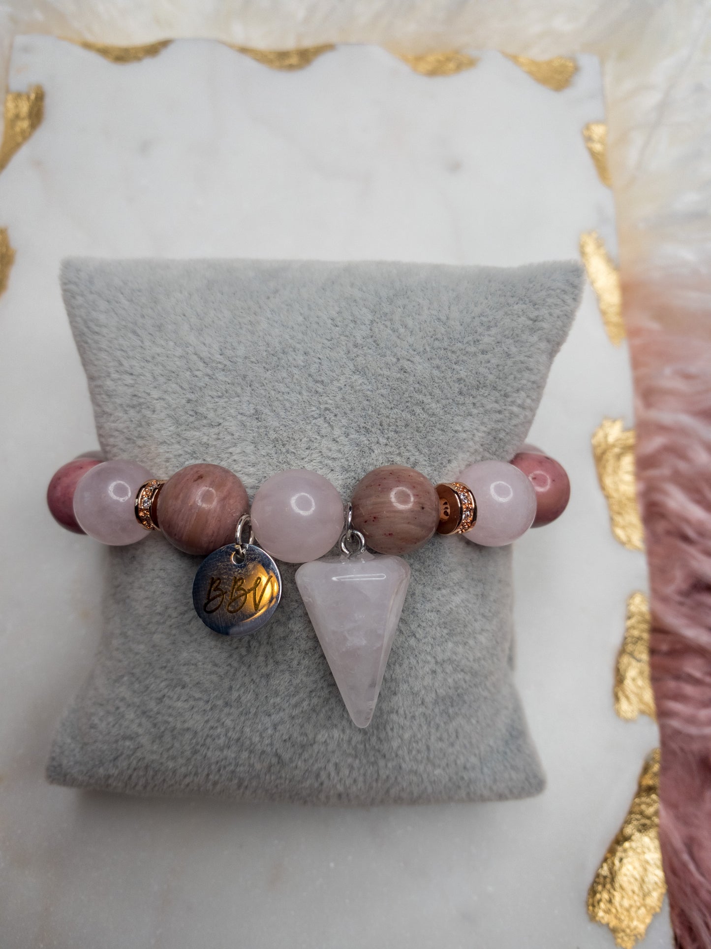 Rose Rhodonite & Rose Quartz Point Crystal Bracelet