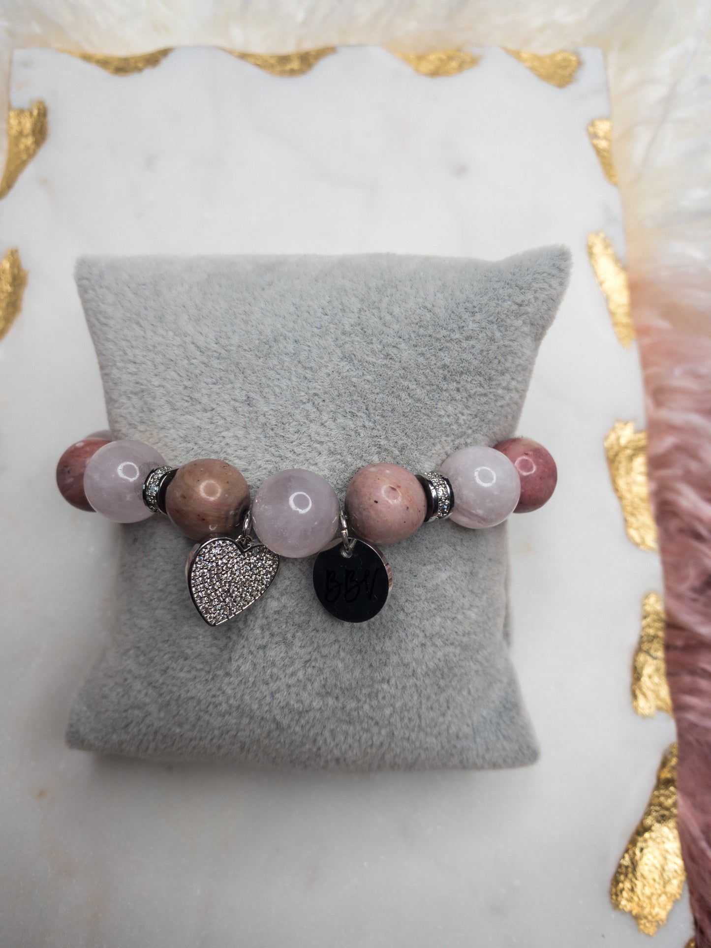 Rose Rhodonite & Rose Quartz Heart Crystal Heart Bracelet