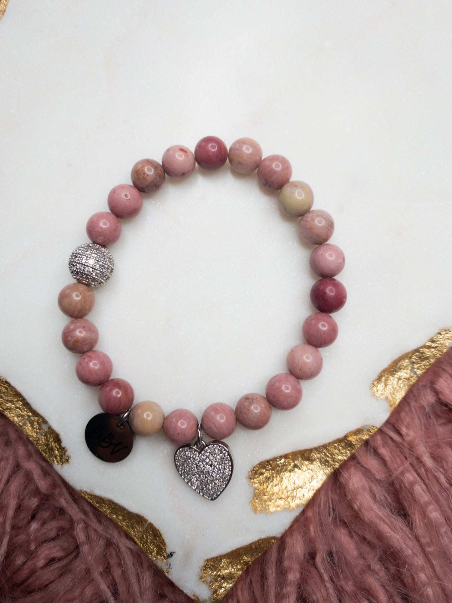 Rose Rhodonite Crystal Heart Bracelet- 8 mm