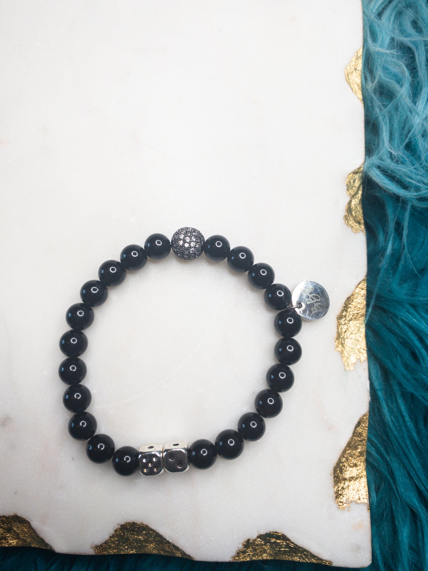 Men's Black Onyx Crystal Bracelet with Dice Accent