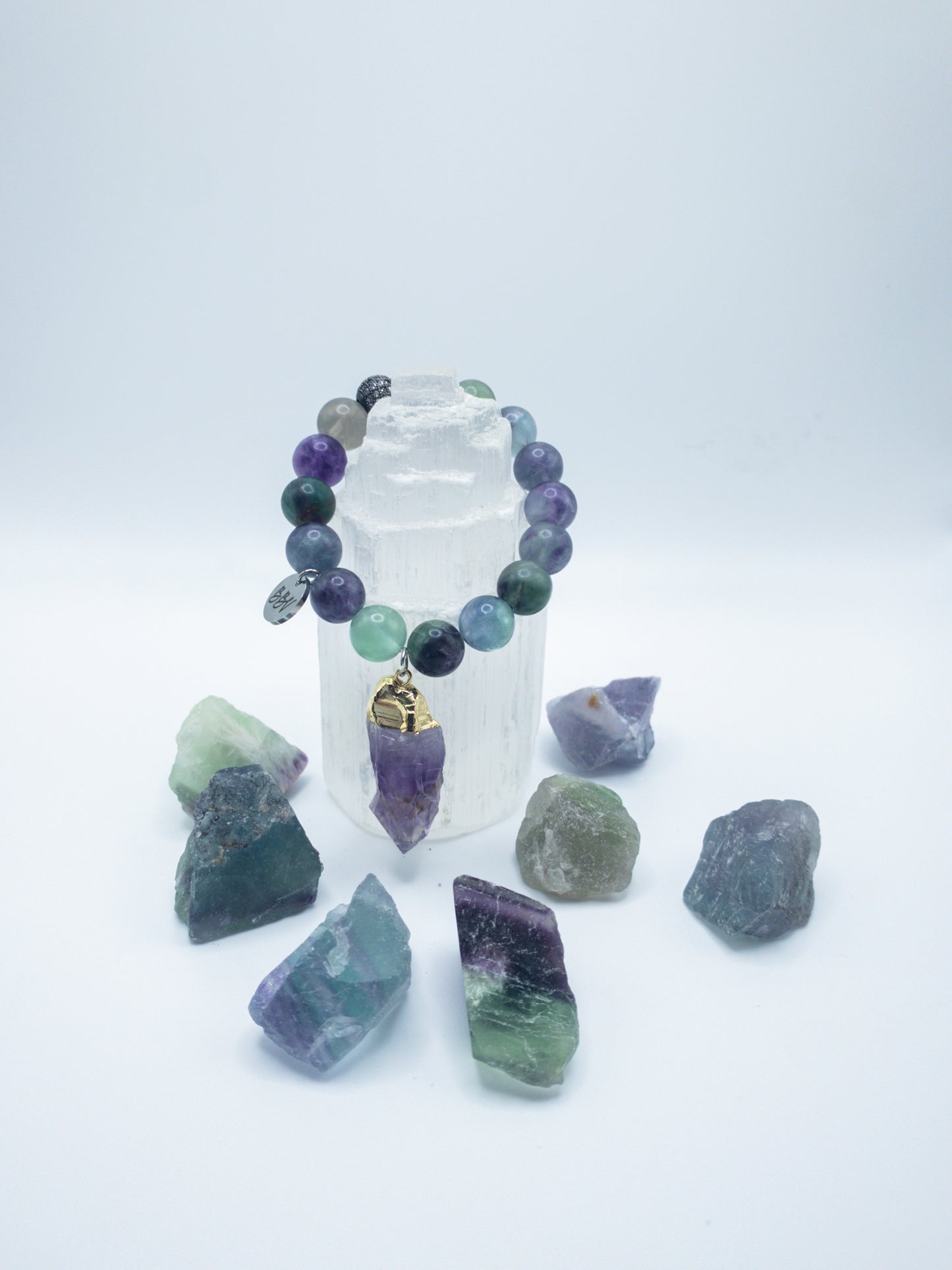 Rainbow Fluorite Bracelet with Large Amethyst Charm