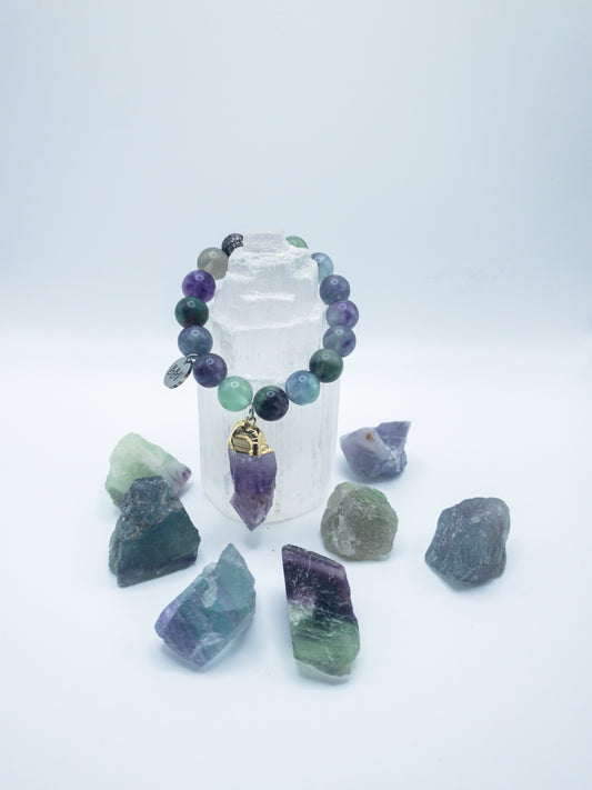 Rainbow Fluorite  Bracelet with Large Amethyst Charm