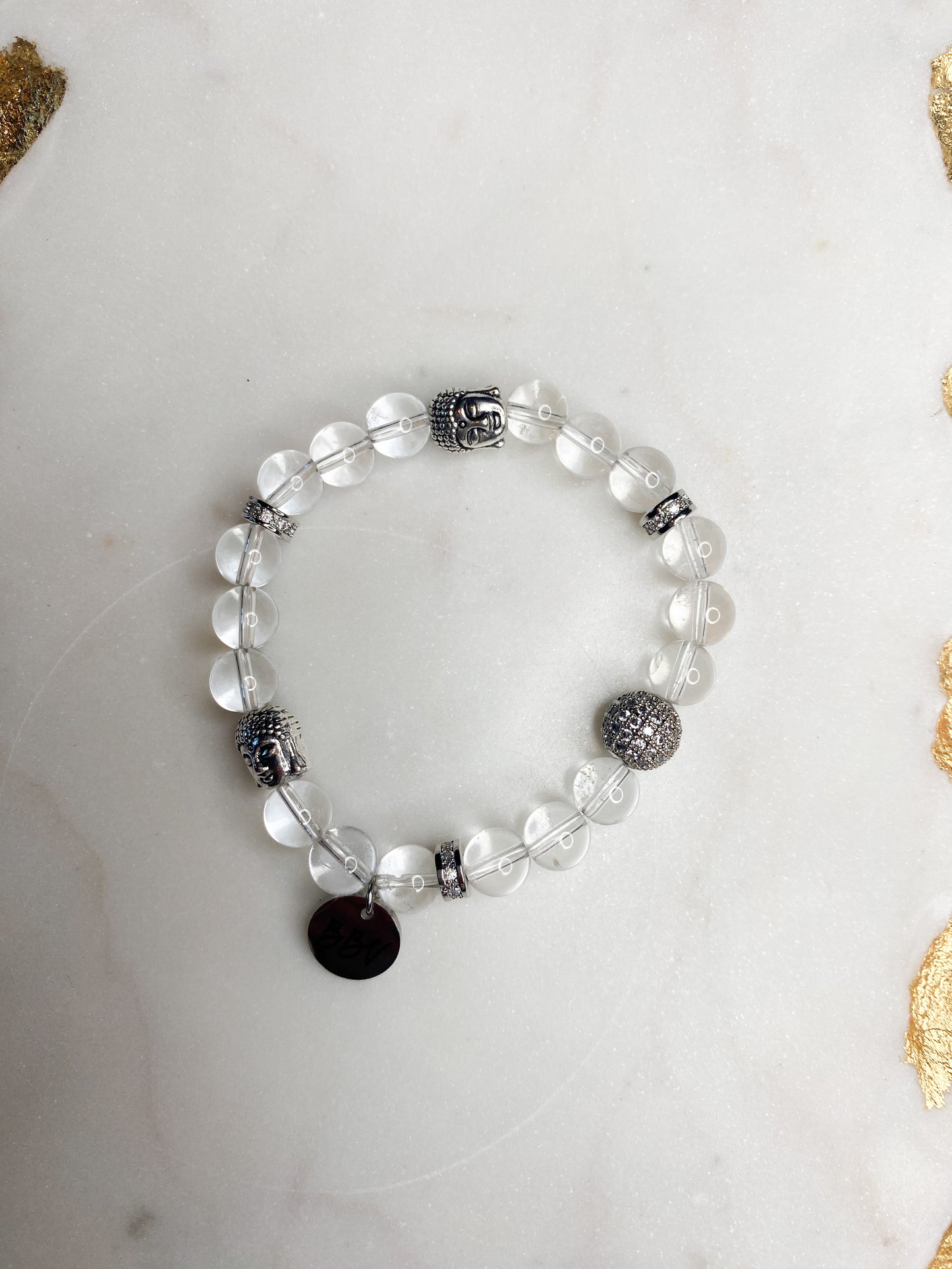 Clear Quartz Crystal Bracelet with Buddha Head Accents