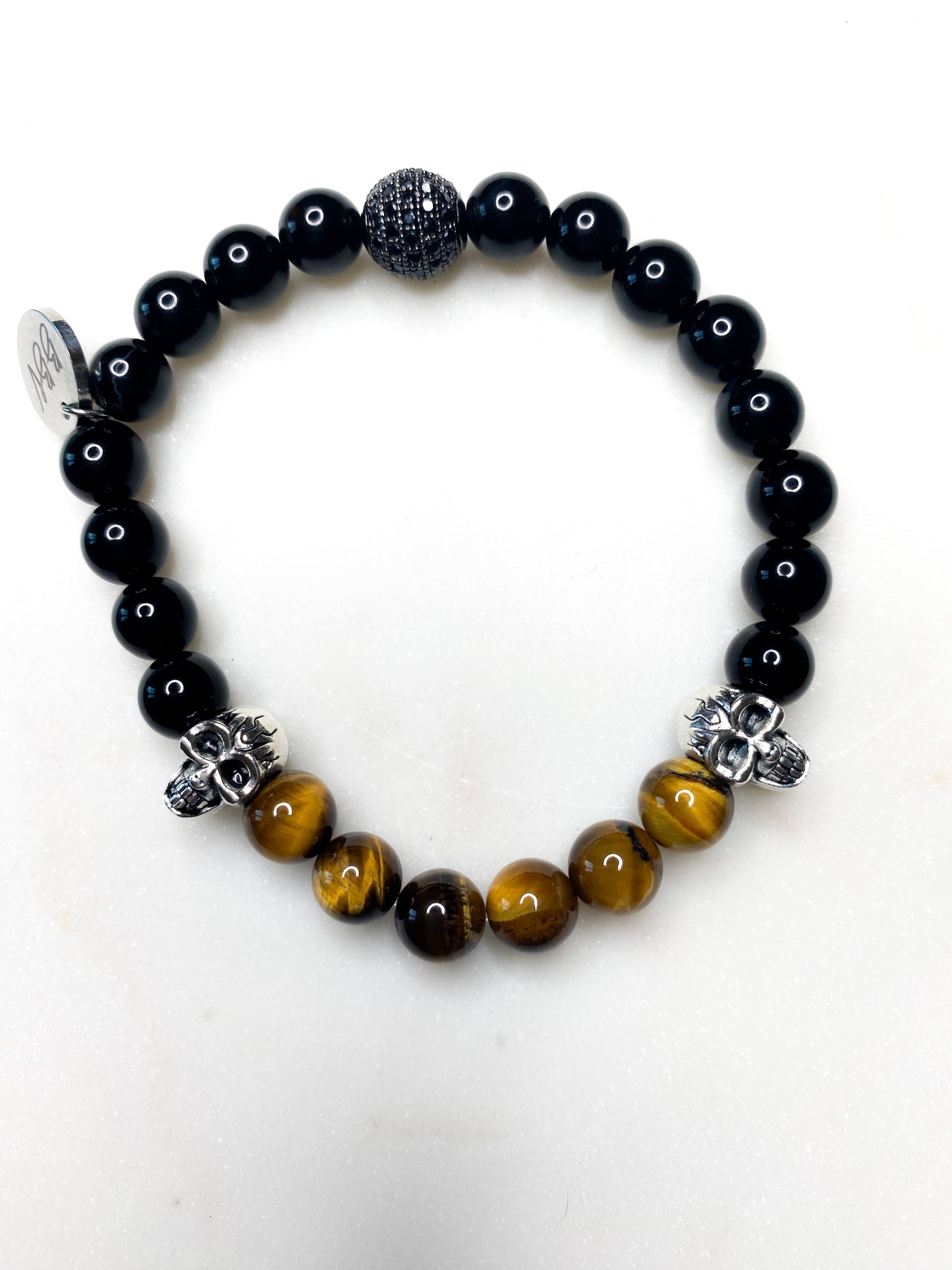 Men's Tigers Eye & Black Onyx Crystal Bracelet with Skull Accents