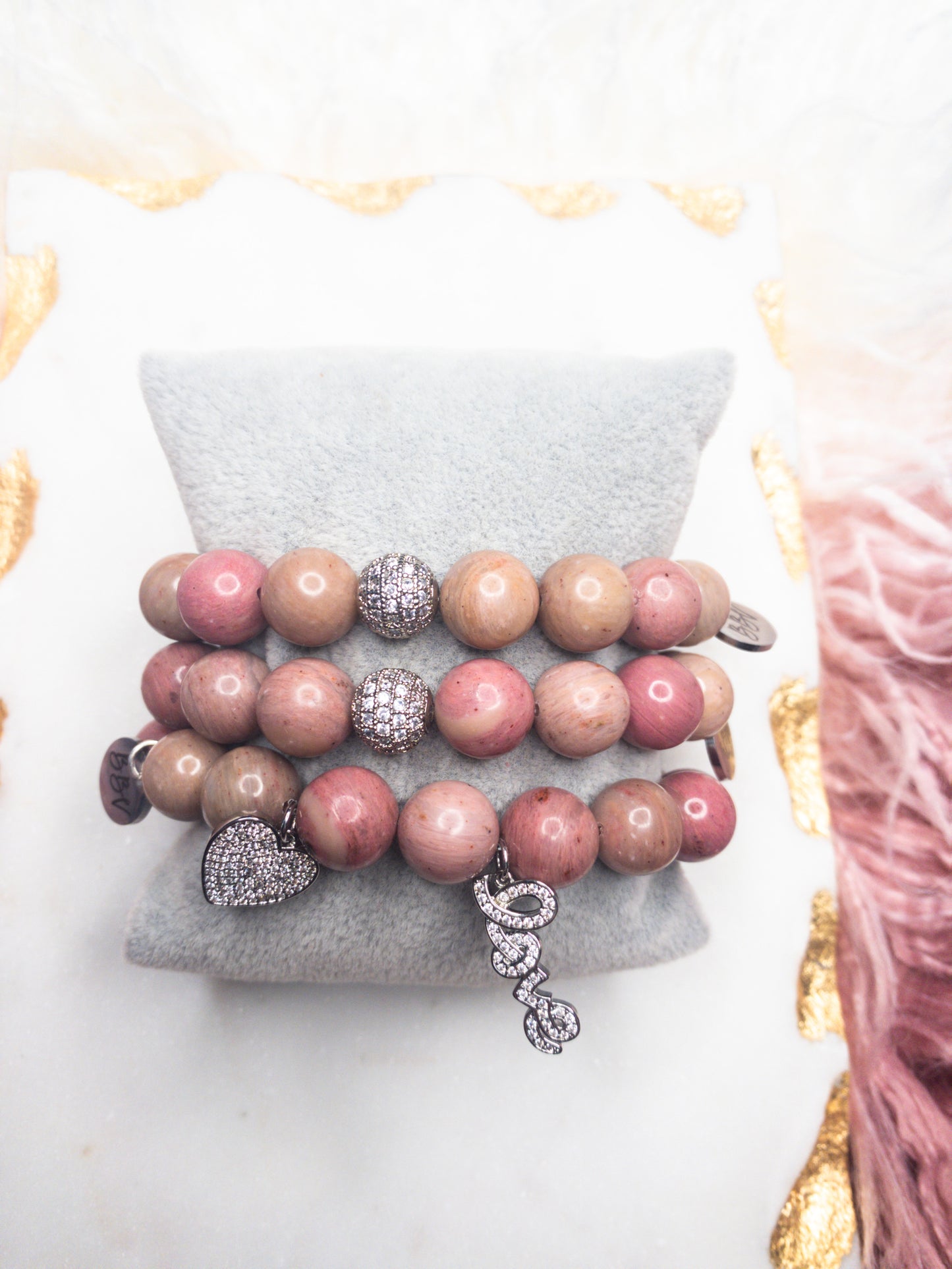 Rose Rhodonite Silver Crystal Bracelet Set