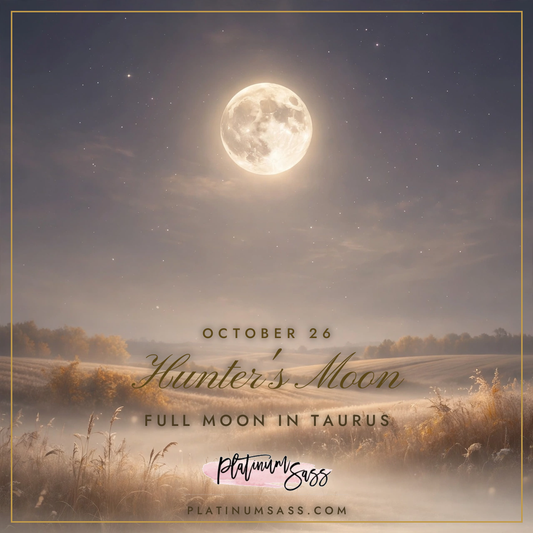 Hunter's Moon in Taurus — full moon over golden harvest fields, from Platinum Sass