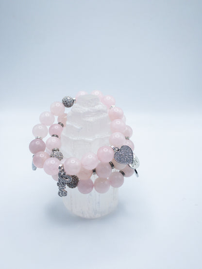 Rose Quartz Silver Crystal Bracelet Set
