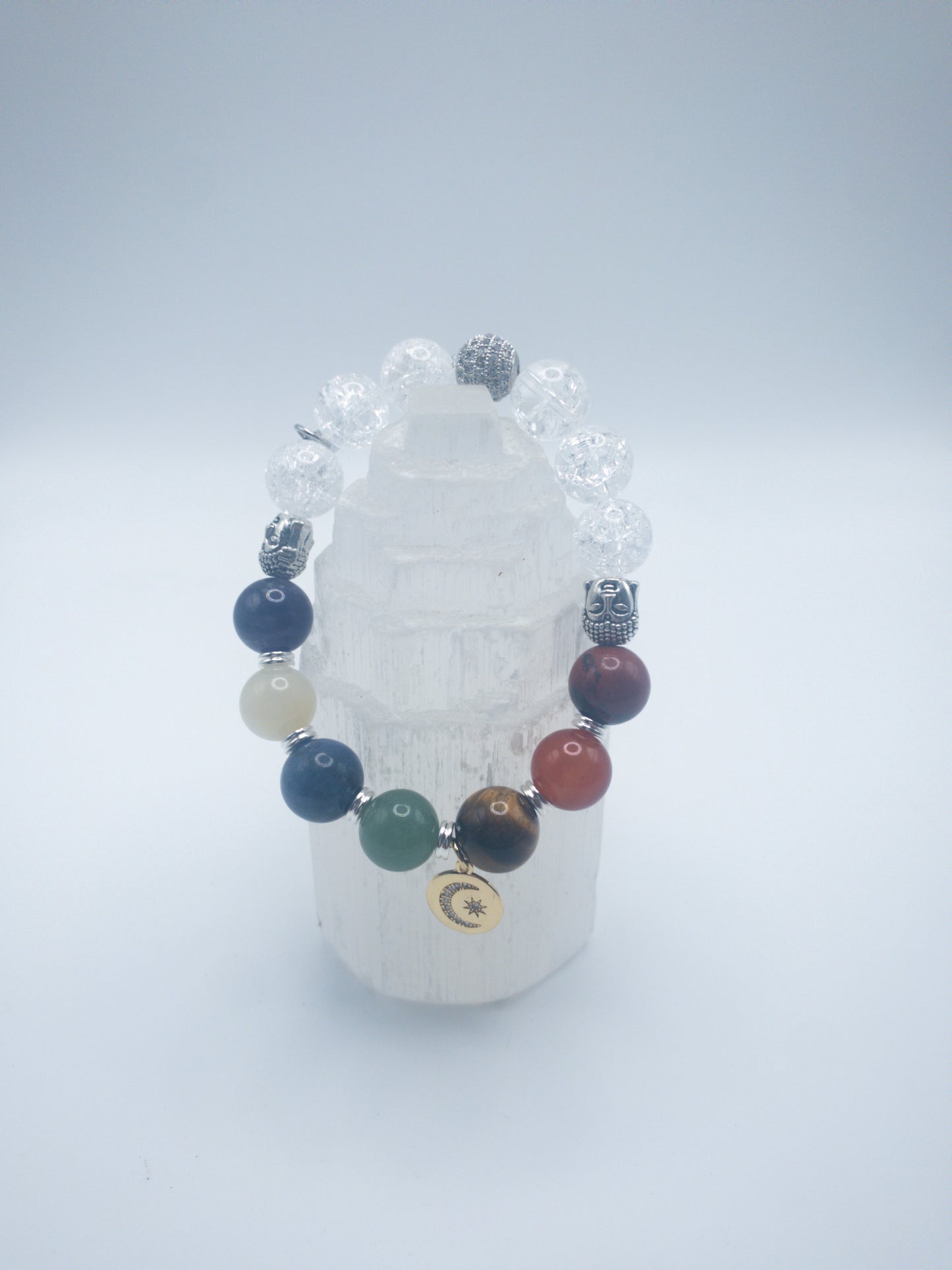 7 Chakra Balancing Buddha Crystal Bracelet - Clear Crack Quartz
