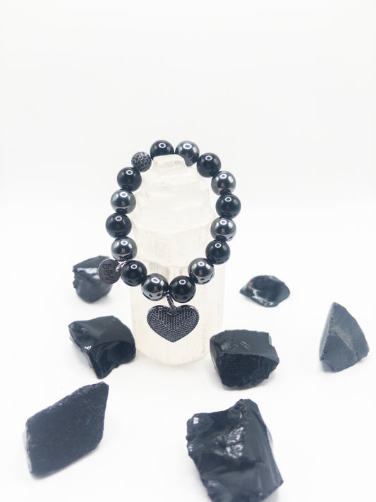 Hematite & Black Tourmaline Crystal Bracelet With Charm