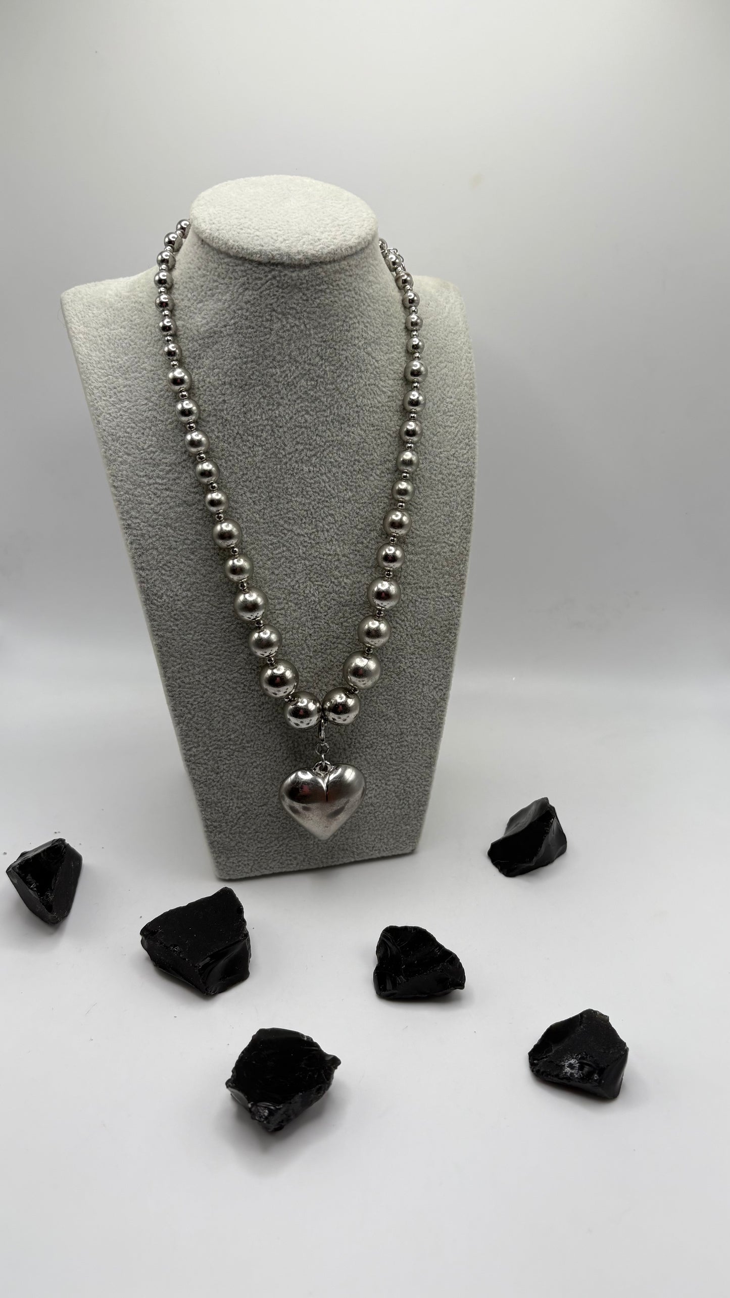 Beaded Silver Heart Necklace