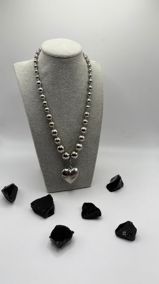 Beaded Silver Heart Necklace