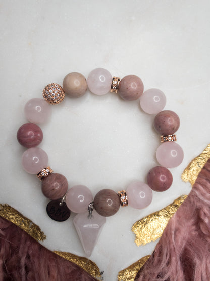Rose Rhodonite & Rose Quartz Point Crystal Bracelet