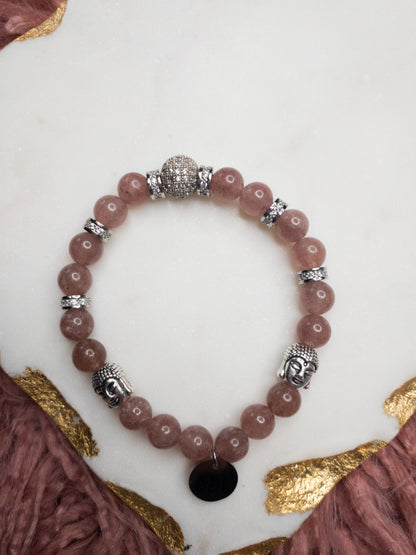 Buddha Head Accent Strawberry Quartz Crystal Bracelet