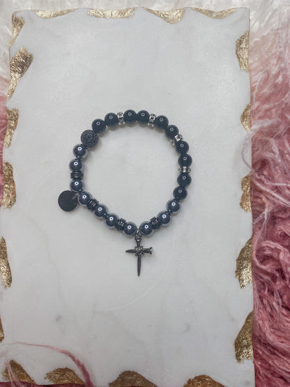 Men's Custom One of a Kind Shungite & Black Onyx Crystal Cross Bracelet