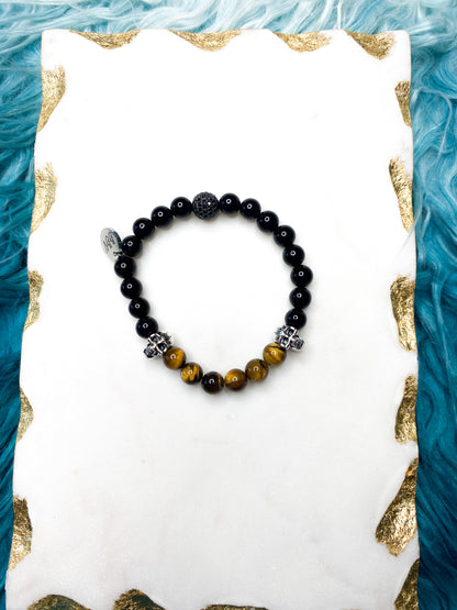 Men's Tigers Eye & Black Onyx Crystal Bracelet with Skull Accents