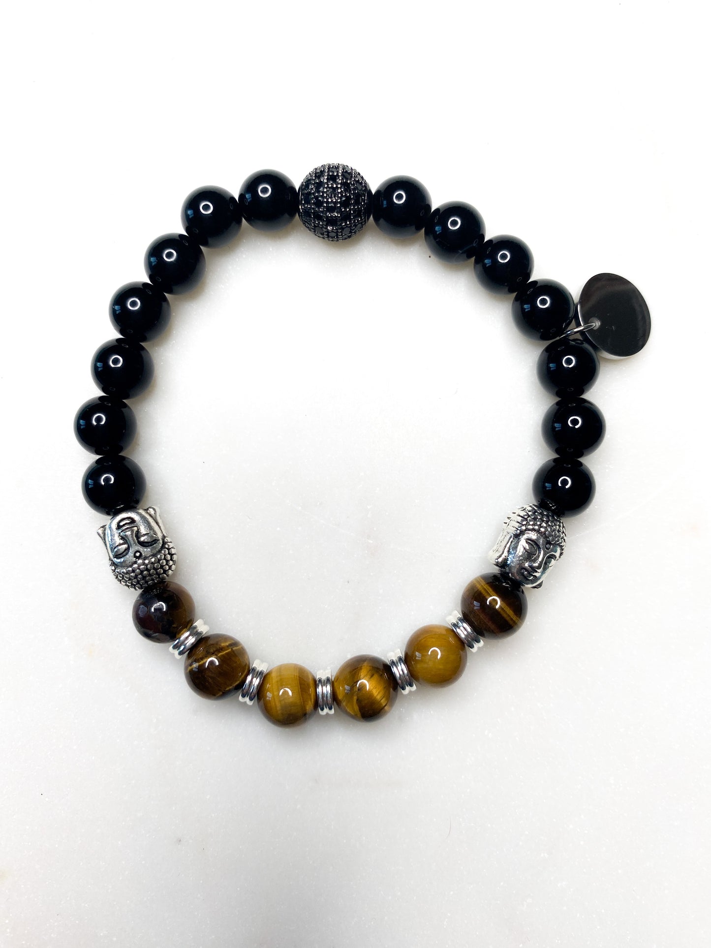 Men's Tigers Eye & Black Onyx Crystal Bracelet with Buddha Head Accents