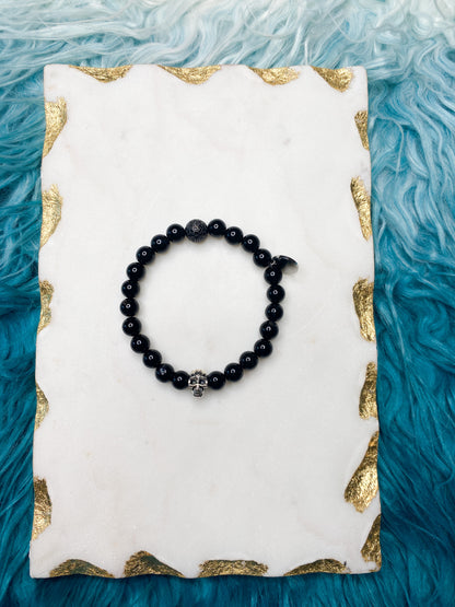 Men's Black Onyx Crystal Bracelet with Skull Accent