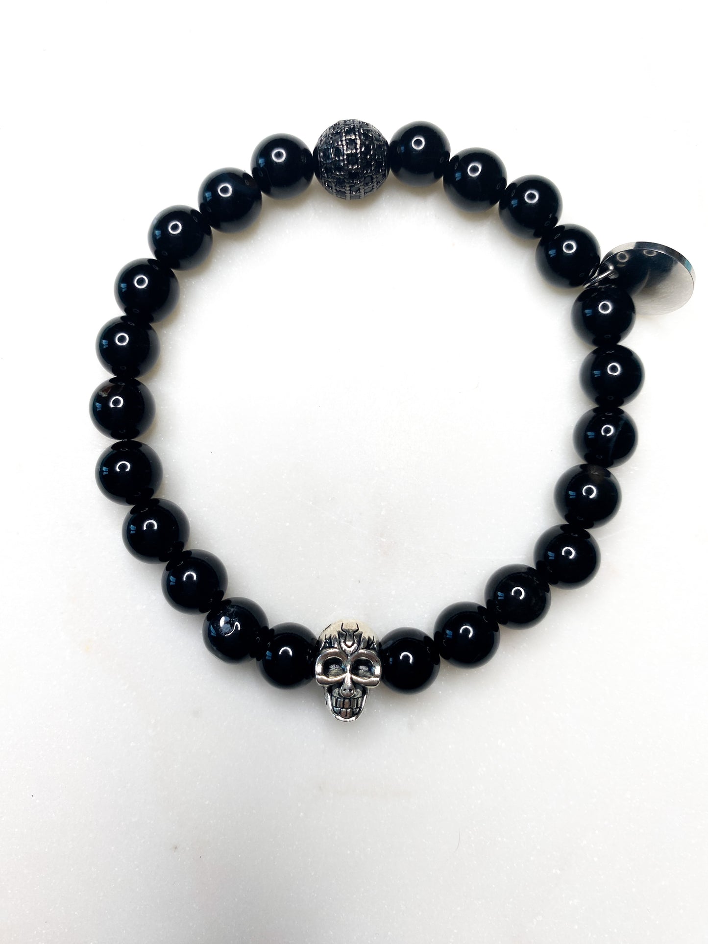 Men's Black Onyx Crystal Bracelet with Skull Accent