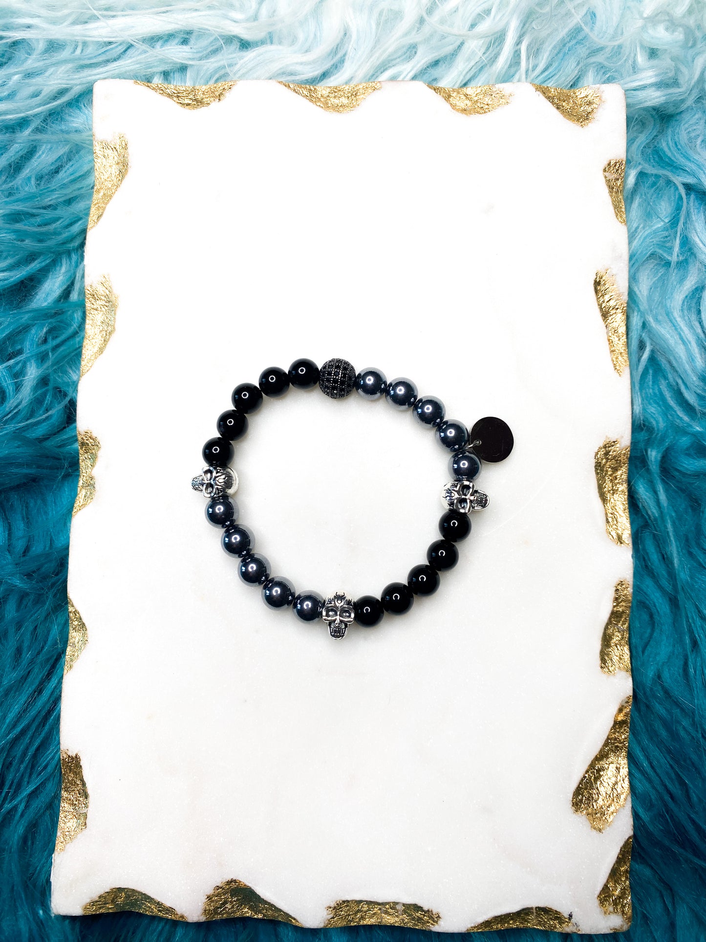 Men's Shungite & Black Onyx Crystal Bracelet with Skull Accents