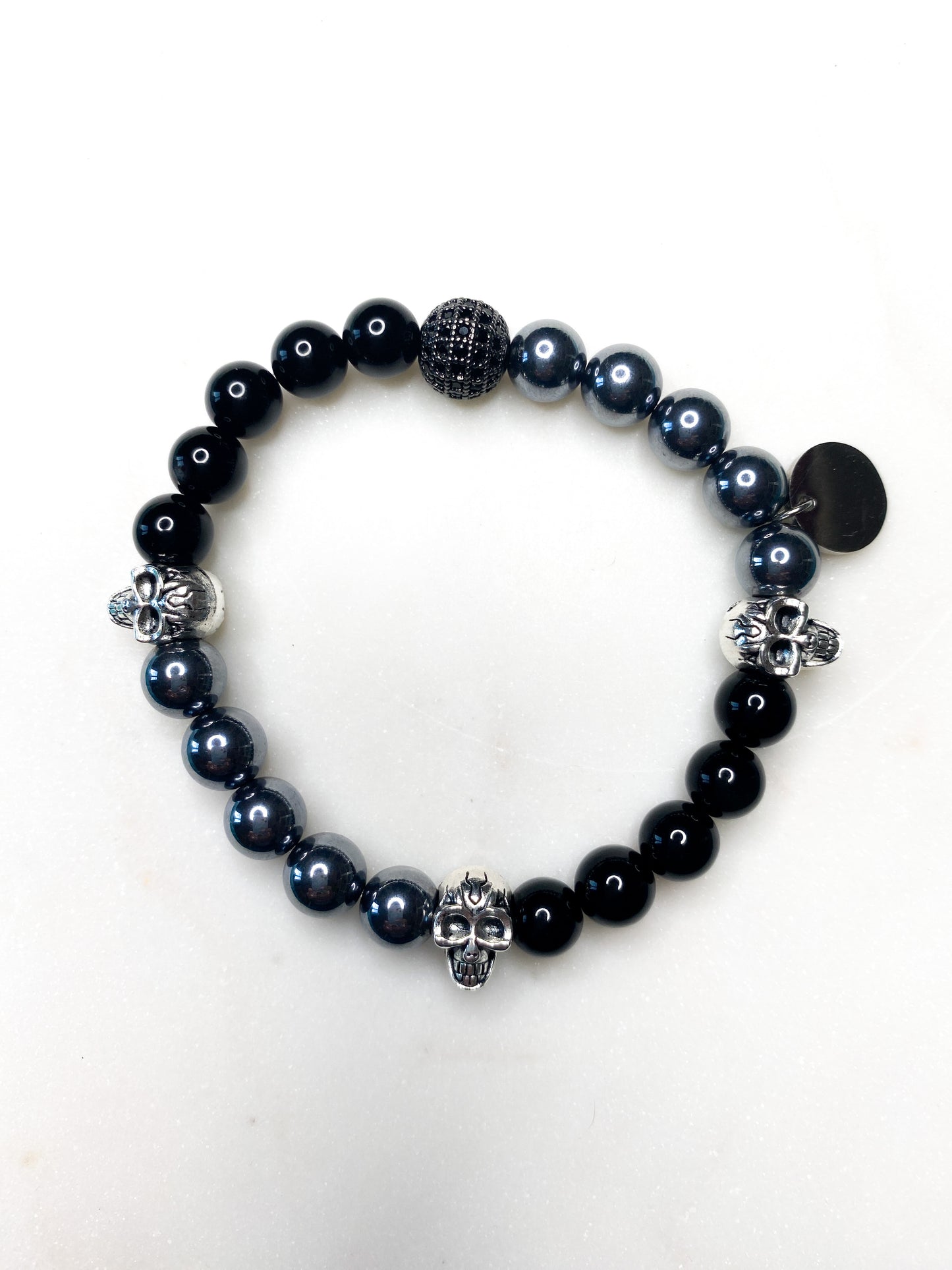 Men's Shungite & Black Onyx Crystal Bracelet with Skull Accents