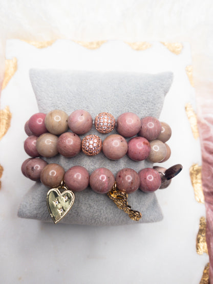 Rose Rhodonite Gold Crystal Bracelet Set